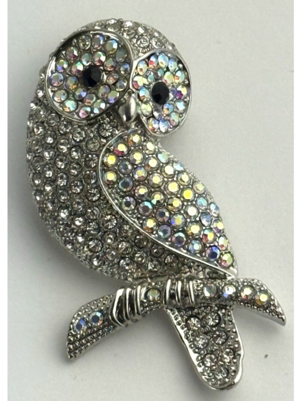 OPC CN Aurora Borealis Clear Black Crystals Owl Brooch/Pendant Signed